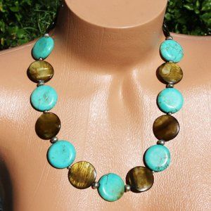 Boho Necklace Turquoise Tigers Eye & Bracelet Set